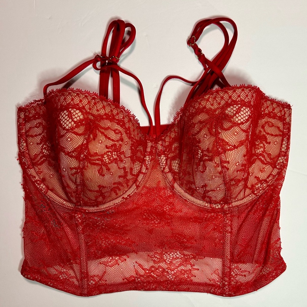 Victoria’s Secret Very Sexy Red Lace Bustier Corset Bra 34DD